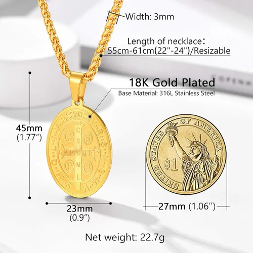 Miniatura 4 de PROSTEEL Collar con medalla de San Benito de acero inoxidable joyería de protección para hombres y mujeres chapado en oro real de 18 quilates