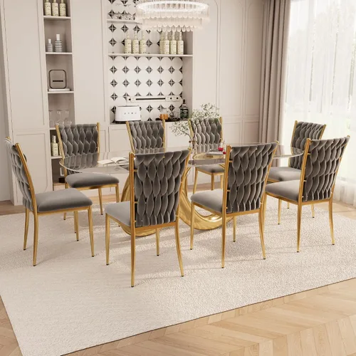 Miniatura 28 de Juego de 2 sillas de comedor de terciopelo, modernas sillas de cocina tejidas con patas de metal dorado, cojín tapizado con respaldo alto