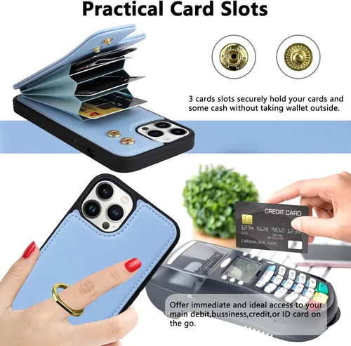 Miniatura 4 de Funda tipo cartera para iPhone 12 y 12 Pro con soporte para tarjetas, rotación de 360°, soporte de anillo de dedo con función atril, protección