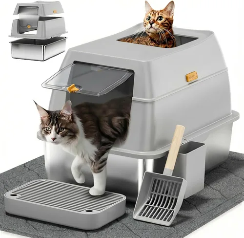 Caja de arena de acero inoxidable con tapa, caja de arena para gatos de entrada frontal y salida superior, caja de metal cerrada extragrande para
