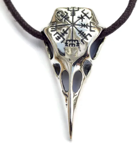 Raven Skull Necklace with Viking Compass Vegvisir Pendant Bird Crow Odin Norse Animal Ancient Protection Amulet Talisman Nordic Goth Jewelry for Men