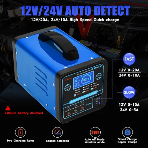 Miniatura 2 de Cargadores de batería de coche de 12 V/24 V resistentes, mantenedor de batería automático de 15 A con apagado automático, reparación, modo