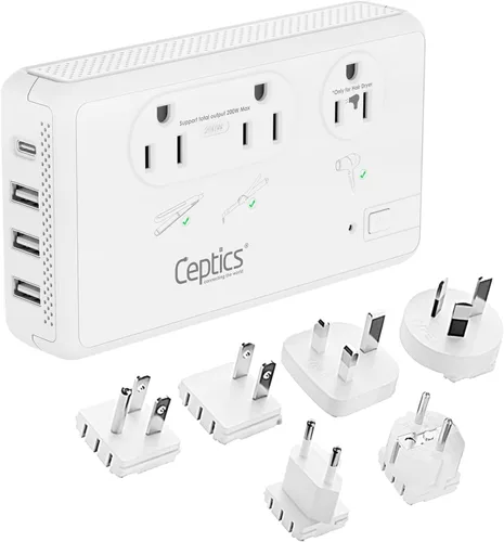 Miniatura 3 de Kit de adaptador de viaje mundial Ceptics - QC 3.0 USB dual + tomas duales EE. UU., protección contra sobretensiones, perfecto para Europa, Reino