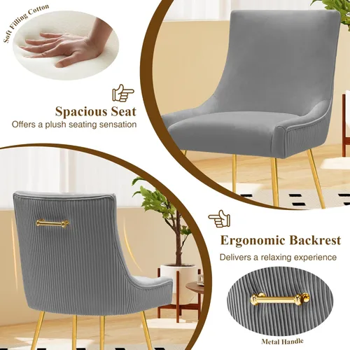 Miniatura 4 de adochr Juego de 2 sillas de comedor de terciopelo, modernas sillas de cocina tapizadas con asa y respaldo plisado, silla decorativa de mediados