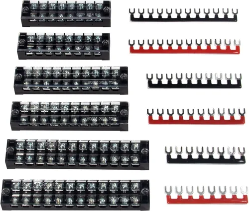 Miniatura 19 de 8 piezas (4 conjuntos) Bloques de tira de terminal de tornillo de doble hilera de 8 posiciones 600V 25A con cubierta + tira de barrera de terminales