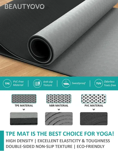 Miniatura 6 de Tapete de yoga con correa, 1/3 pulgadas extra gruesa, de doble cara, antideslizante, tapetes profesionales de TPE para mujeres y hombres, tapete