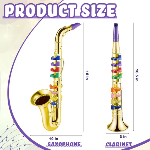 Miniatura 2 de Amylove Juego de 2 juguetes de saxofón y clarinete para niños pequeños, instrumentos de plástico, juguete musical falso, portátil, juguetes