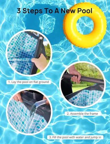 Miniatura 7 de EVAJOY Juego de piscina rectangular con marco de metal de 14 x 7 x 48 pulgadas para familias, juego de piscina rectangular sobre el suelo con bomba