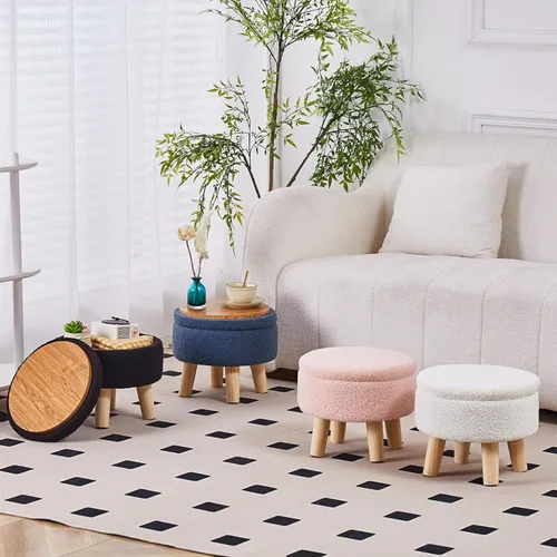 Miniatura 7 de Wimarsbon Otomana de almacenamiento, moderno reposapiés redondo con asiento acolchado suave, reposapiés de terciopelo teddy con patas de madera
