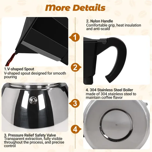 Miniatura 8 de Sin Recubrimiento 4 Tazas Olla de Moka de Aluminio y Acero Inoxidable para Preparar Espresso en Estufa, Cafetera Italiana de 220ml 7.44oz Adecuada