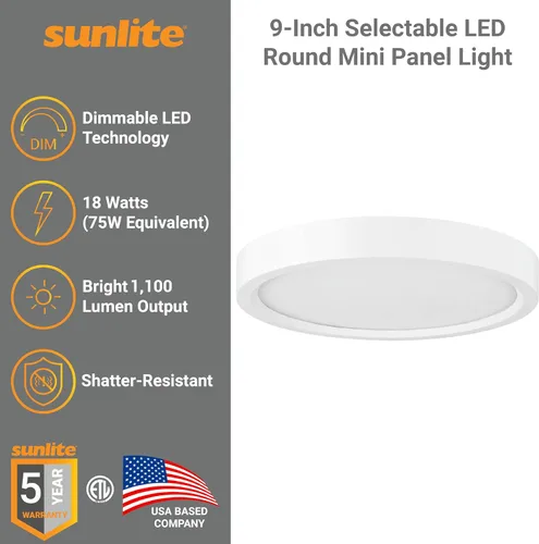 Miniatura 2 de Sunlite Mini panel redondo LED de 9 pulgadas, 18 W (75 W = ), 1100 lúmenes, 30K/40K/50K CCT seleccionable, regulable, acabado blanco, vida útil