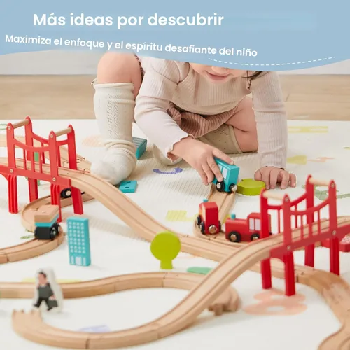 Miniatura 6 de Tiny Land Juego de tren de madera para niños pequeños, 39 piezas, con pistas de madera compatibles con las principales marcas, juguete de tren