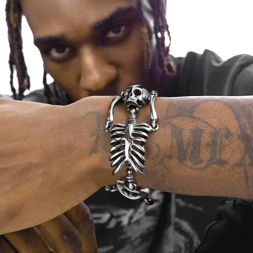 Miniatura 47 de U7 Pulseras góticas de calavera para hombres y mujeres, acero inoxidable, chapado en oro de 18 quilates, plata, negro, punk, esqueleto punk