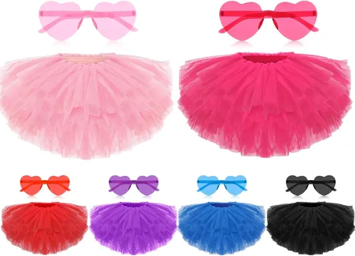 Handepo 12 piezas de falda tutú y lentes de sol en forma de corazón, tutú de tul de 5 capas para mujeres y niñas, disfraz de baile de fiesta de los