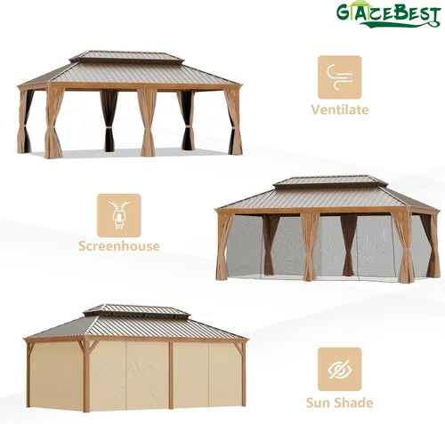 Miniatura 7 de Gazebo de techo rígido de 12 x 20 pies, kiosco de aluminio para exteriores, doble techo, acero galvanizado, acabado de madera, toldo recubierto