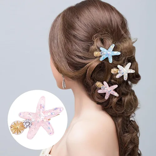 Miniatura 4 de PAGOW 3 pinzas para el cabello con estrella de mar, pinzas para el cabello de cristal, soporte para cola de caballo de estrella de mar, accesorios