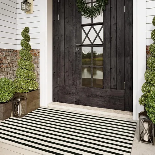 Miniatura 2 de Alfombra de lana cuadriculada para exteriores de 24 x 35 pulgadas, alfombra de algodón tejida a mano, plegable, lavable, reversible, en capas