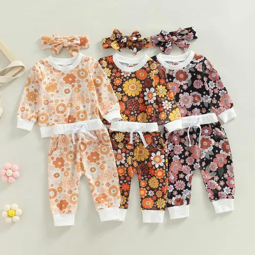 Miniatura 68 de Mandizy Conjunto de ropa de bebé niña otoño 3 6 9 12 18 24 meses sudadera de manga larga y pantalones con estampado floral y diadema