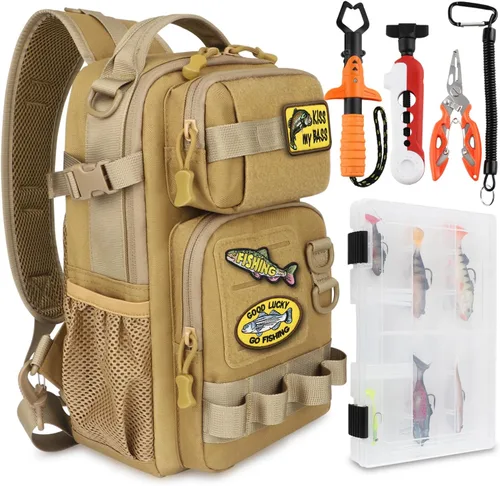 Miniatura 10 de Dovesun Mochila de pesca pequeña con cajas de aparejos, bolsa de pesca con parches bordados de bricolaje, bolsa de aparejos de regalo para hombres
