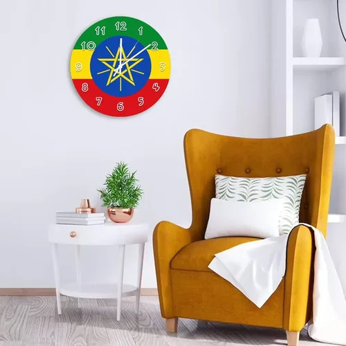 Miniatura 3 de Reloj de pared redondo de Etiopía con bandera de Etiopía, silencioso, sin tictac, relojes de pared para cocina, dormitorio, oficina, decoración