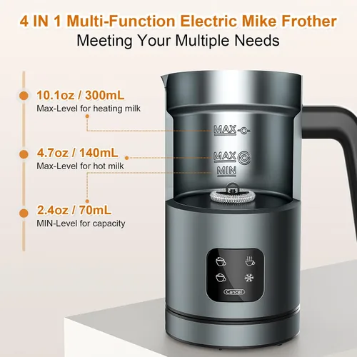 Miniatura 5 de BIZEWO Espumador de leche eléctrico, vaporizador de leche caliente y fría, calentador de leche automático 4 en 1 de acero inoxidable con pantalla