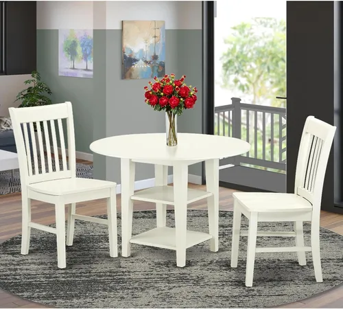 Miniatura 2 de East West Furniture SUNO3-LWH-W - Juego de muebles de comedor de 3 piezas contiene una mesa de cocina redonda con gotas y estantes y 2 sillas