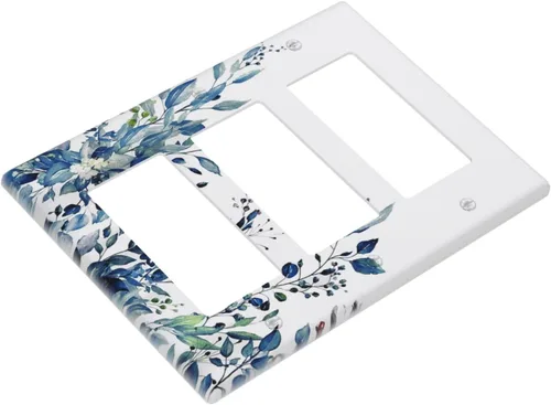 Miniatura 3 de Cubiertas de Salida Triple Basculante con Hojas de Plantas de Eucalipto Azul en Acuarela Floral, Placa Frontal Decorativa de 3 Posiciones, Cubierta