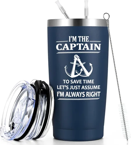 Qtencas Vaso de viaje aislado de acero inoxidable con texto en inglés "I'm The Captain & I'm Always Right", regalos de navegación para hombres, día
