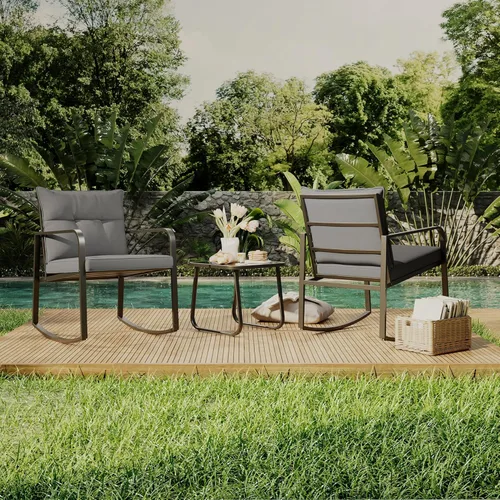 Miniatura 9 de Gizoon Juego de 3 piezas de muebles de patio de acero negro, juego de conversación de sillas de porche con mesa de café de cristal, cojín de Cojín