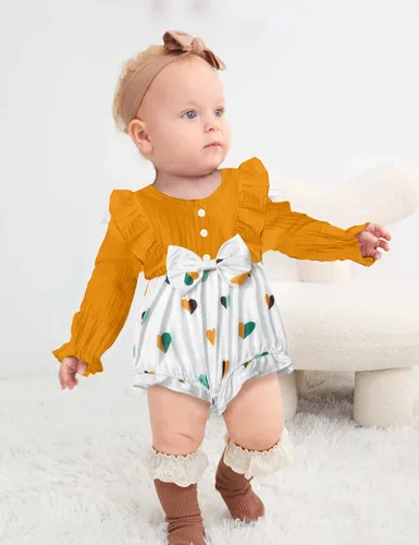 Miniatura 2 de Ropa de bebé niña con volantes de manga larga de algodón y lino con botón + diadema 2 piezas de otoño para bebé niña