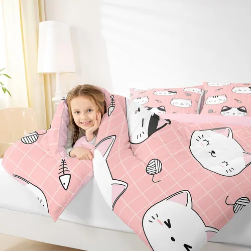 Miniatura 20 de Erosebridal Juego de ropa de cama para niños, tamaño individual, diseño de gatos de dibujos animados, para niñas, niños y adolescentes, edredón