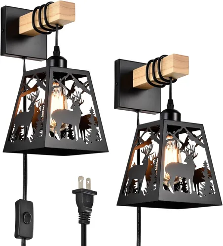 Miniatura 13 de Juego de 2 apliques de pared enchufables, apliques de pared rústicos negros de árbol de bosque, lámpara de pared de metal de granja, lámparas