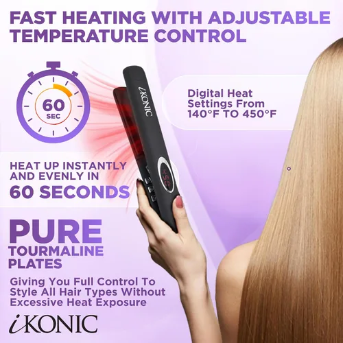 Miniatura 3 de IKonic Alisador y rizador de pelo de cerámica 100% turmalina, plancha plana de doble voltaje iónico infrarrojo antiestático 2 en 1, placas flotantes