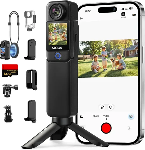SJCAM C300 Cámara de bolsillo Vlog, cámara de acción pequeña 4K con pantallas táctiles duales, antivibración de 6 ejes, lente gran angular de 154°,