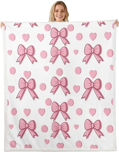 Miniatura 7 de Manta de franela de forro polar con lazos rosados femeninos de 40 x 50 pulgadas, manta mullida de corazones para el día de San Valentín para sofá