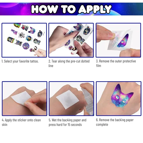 Miniatura 5 de 96 piezas divertidas de tatuajes temporales con temática de gatos espaciales, decoraciones de fiesta de cumpleaños, suministros de decoración