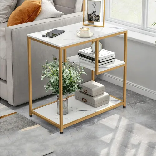 Miniatura 2 de Mesa Auxiliar Rectangular Marbling Side Table Light Luxury Sofa End Table Slim Accent Coffee Table w/Metal e for Small Spaces Living Room Bedroom