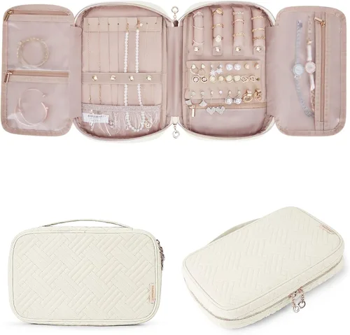 BAGSMART - Estuche de joyería de viaje, organizador de joyas para mujeres y niñas, bolsa de almacenamiento con cierre para collares enrollados, Beige