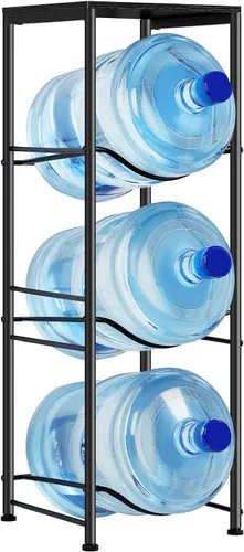 MOOACE Estante para jarra de agua de 3 niveles, organizador de 5 galones con estante superior de almacenamiento, color negro