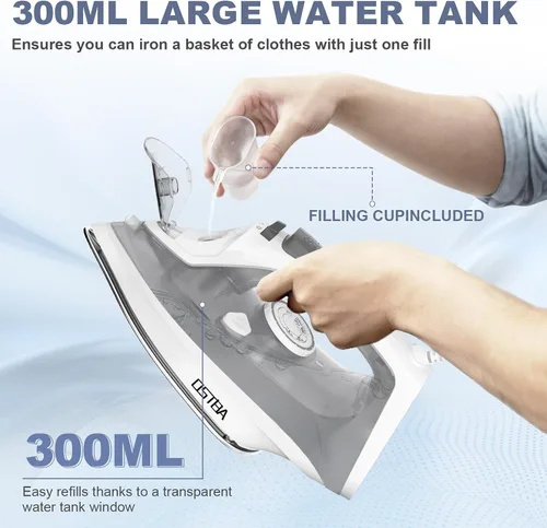 Miniatura 7 de OSTBA Plancha de vapor de 1600 W para ropa con suela antiadherente de calentamiento rápido, esfera de termostato precisa, autolimpieza, antical