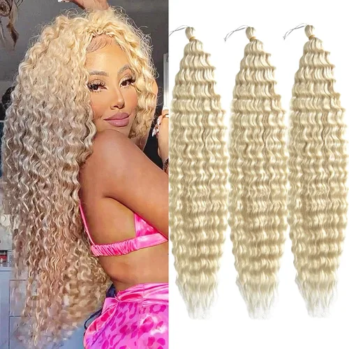 Miniatura 14 de Pelo ondulado de ganchillo de 18 pulgadas, cabello rizado trenzado, 3 paquetes de cabello trenzado de onda profunda para diosa, trenzas sin nudos