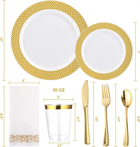 Miniatura 6 de FOCUSLINE Juego de vajilla de oro de 175 piezas para 25 invitados - Platos desechables de plástico con rejilla dorada, incluye 25 platos para cena