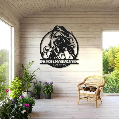 Miniatura 3 de Letrero de metal personalizado para fotógrafo, arte de pared de hierro para cámara y niña con cámara, decoración única con temática de fotografía