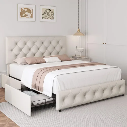 Miniatura 7 de TTVIEW Base de cama de tamaño matrimonial con 4 cajones de almacenamiento y cabecera ajustable, plataforma tapizada con diseño capitoné, soporte