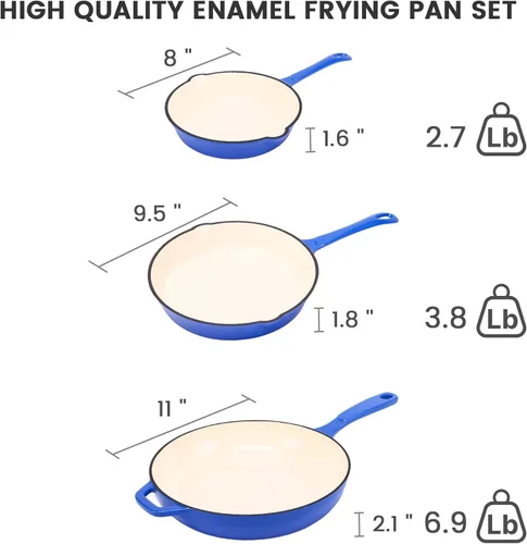 Miniatura 2 de Hisencn Sartén de Hierro Fundido Esmaltado - Juego de Sartenes con Recubrimiento Cerámico de 8''/9.5''/11'', Compatible con Azul cobalto
