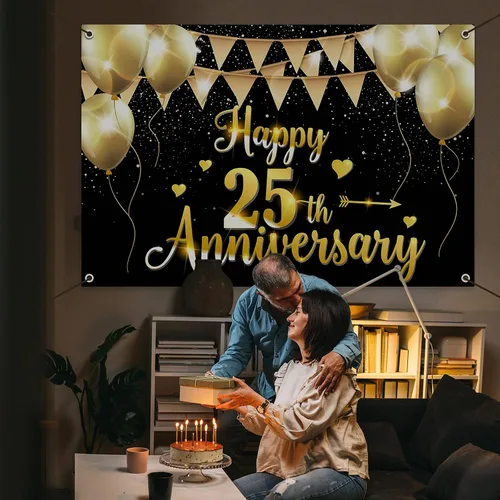 Miniatura 7 de HAMIGAR Fondo de pancarta de feliz 25 aniversario de 6 x 4 pies, 25 decoraciones de aniversario de boda, suministros para fiestas, color negro