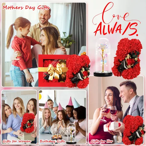 Miniatura 3 de Regalos de rosas para el Día de la Madre para mamá, mujer, esposa, novia, oso de rosas y bella y la bestia, inspirado en el arco iris, juego de Rojo