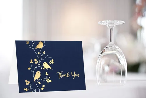 Miniatura 8 de 100 tarjetas de agradecimiento, azul marino geométrico con letras doradas, en blanco por dentro, con sobres, para negocio, boda, regalo, Navidad