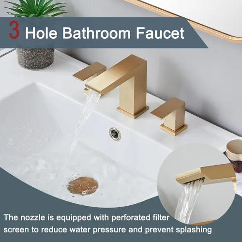 Miniatura 4 de Grifo de lavabo de baño de oro cepillado, grifo de baño de cascada de 3 agujeros, grifos de baño de tocador de 2 asas, grifo de baño moderno
