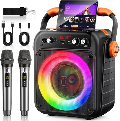 Máquina de karaoke con 2 micrófonos inalámbricos: HWWR Altavoz Bluetooth 5.3 portátil para karaoke con luz, sistema PA para fiesta en casa con
